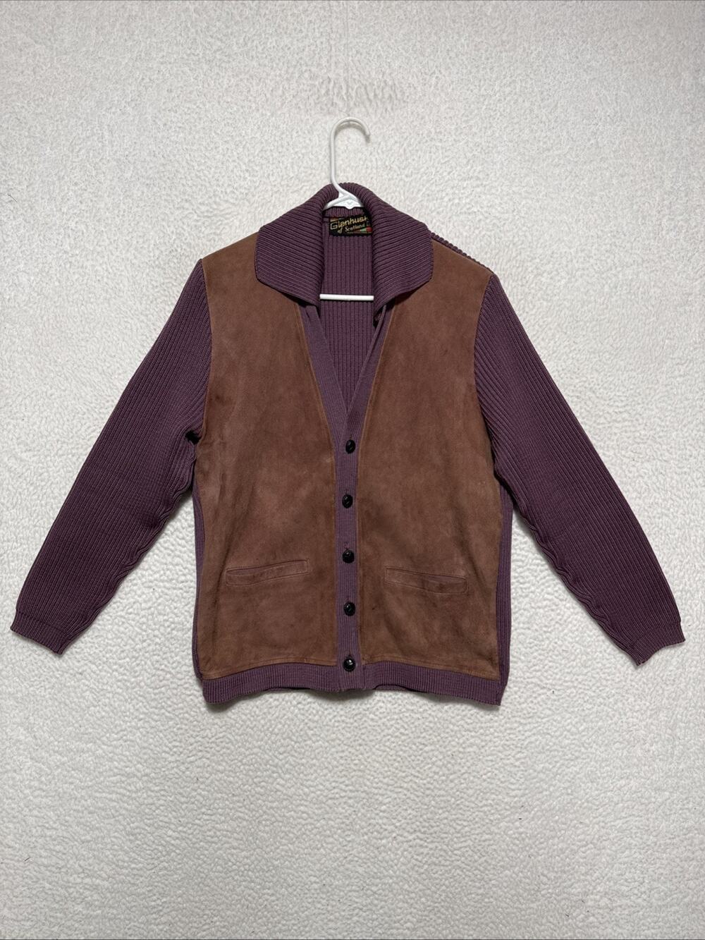 VTG 60’s Glenhusky Scotland Wool Suede Grandpa Cardigan Sweater L Cabincore